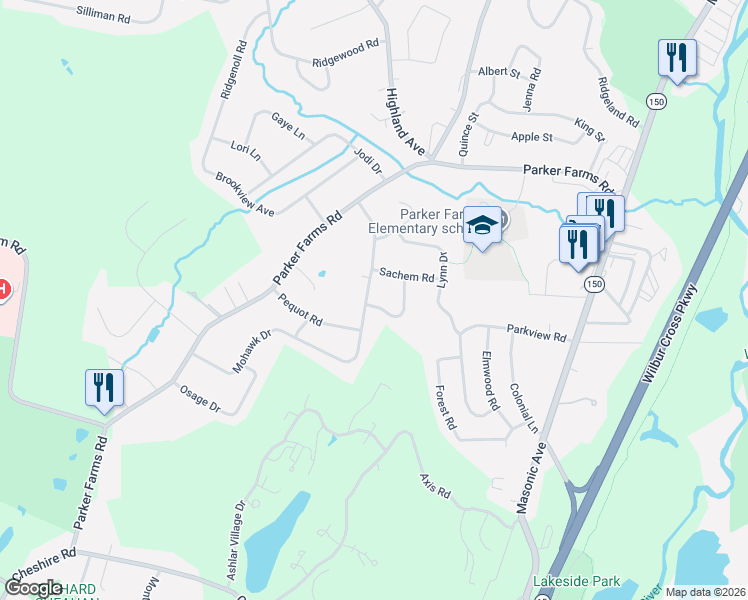 map of restaurants, bars, coffee shops, grocery stores, and more near 7 Mohican Lane in Wallingford