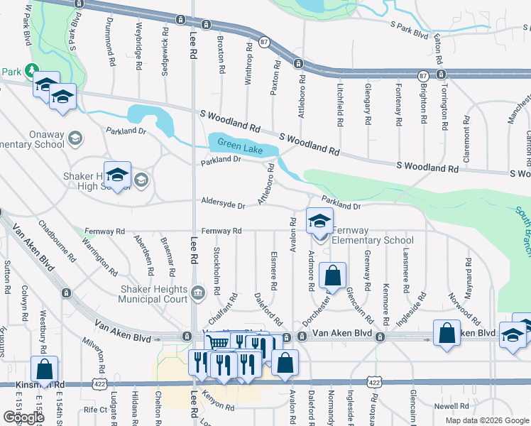 map of restaurants, bars, coffee shops, grocery stores, and more near 16910 Aldersyde Drive in Shaker Heights