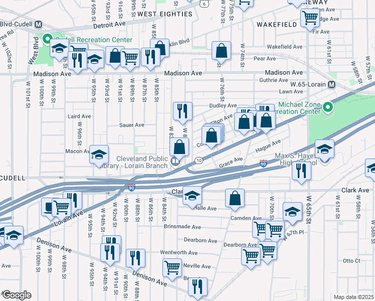 map of restaurants, bars, coffee shops, grocery stores, and more near 2186 West 81st Street in Cleveland