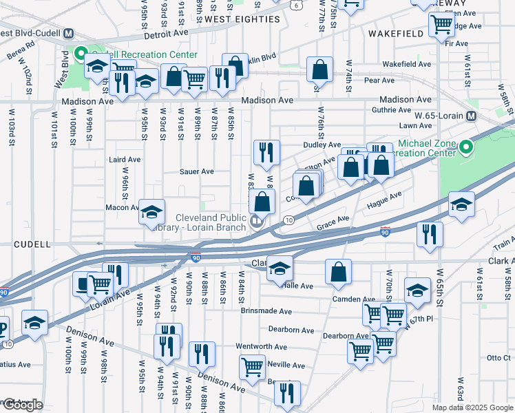 map of restaurants, bars, coffee shops, grocery stores, and more near 2186 West 81st Street in Cleveland