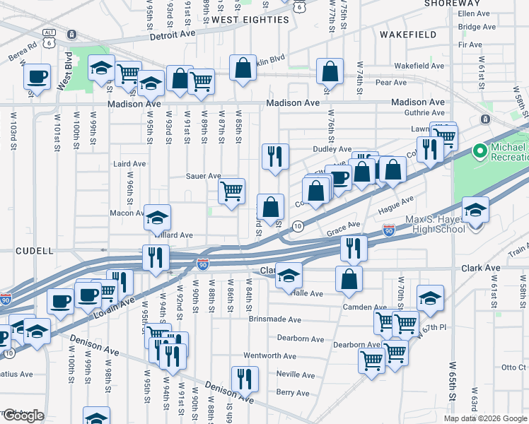 map of restaurants, bars, coffee shops, grocery stores, and more near 2186 West 81st Street in Cleveland