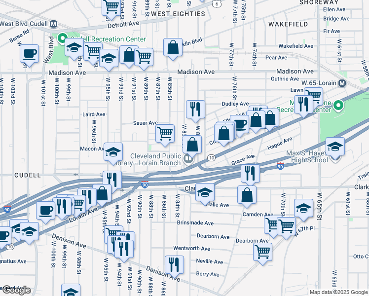 map of restaurants, bars, coffee shops, grocery stores, and more near 2188 West 83rd Street in Cleveland