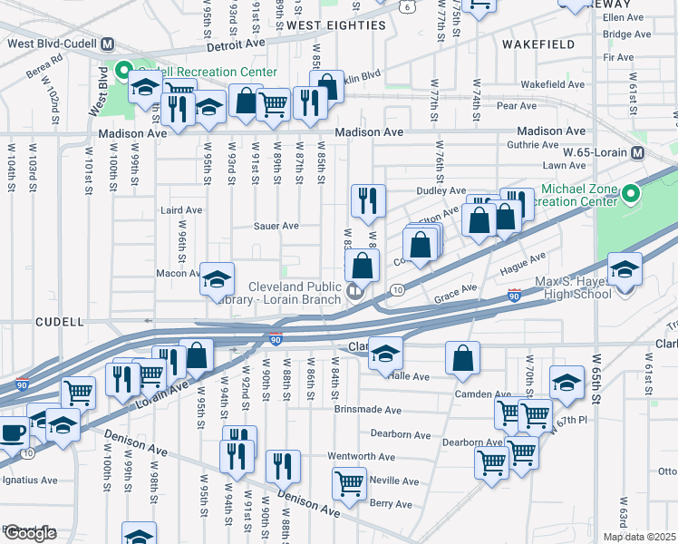 map of restaurants, bars, coffee shops, grocery stores, and more near 2188 West 83rd Street in Cleveland