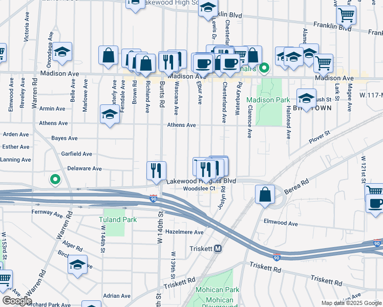 map of restaurants, bars, coffee shops, grocery stores, and more near 2179 Wyandotte Avenue in Lakewood