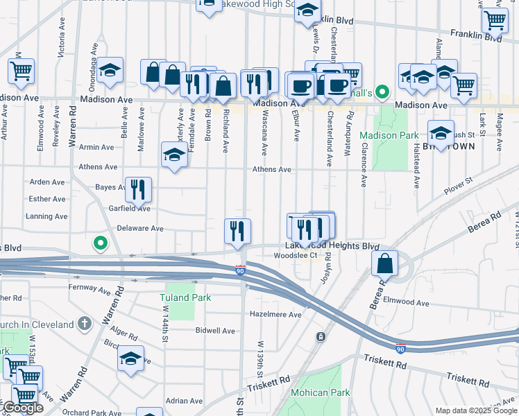 map of restaurants, bars, coffee shops, grocery stores, and more near 2184 Wascana Avenue in Lakewood