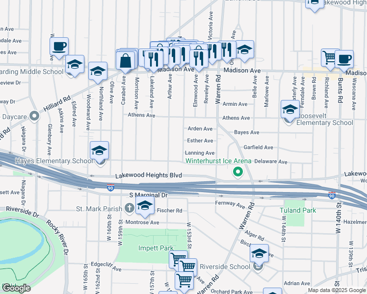 map of restaurants, bars, coffee shops, grocery stores, and more near 2188 Mars Avenue in Lakewood