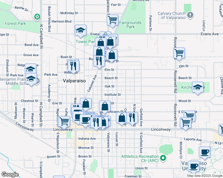 map of restaurants, bars, coffee shops, grocery stores, and more near 403 Locust Street in Valparaiso