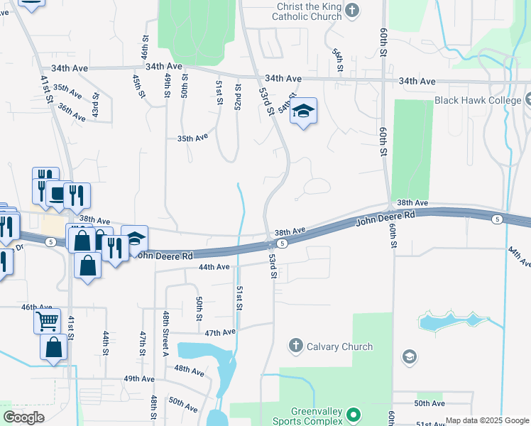 map of restaurants, bars, coffee shops, grocery stores, and more near 3746 53rd Street in Moline