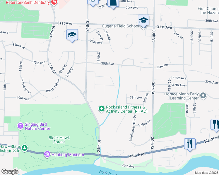 map of restaurants, bars, coffee shops, grocery stores, and more near 2622 38th Avenue in Rock Island