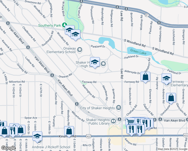 map of restaurants, bars, coffee shops, grocery stores, and more near 15906 Aldersyde Drive in Shaker Heights
