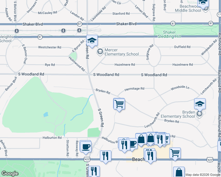 map of restaurants, bars, coffee shops, grocery stores, and more near 23529 Bryden Road in Beachwood