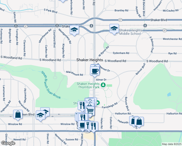 map of restaurants, bars, coffee shops, grocery stores, and more near 3200 Warrensville Center Road in Shaker Heights