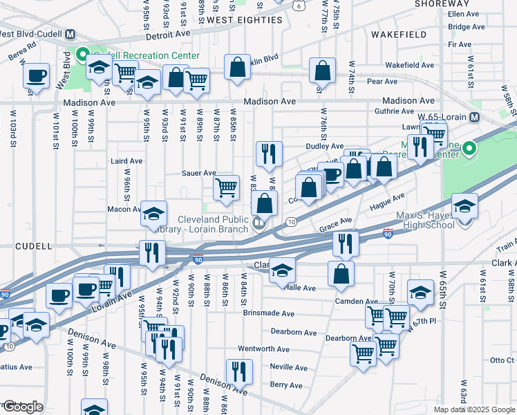 map of restaurants, bars, coffee shops, grocery stores, and more near 2186 West 81st Street in Cleveland