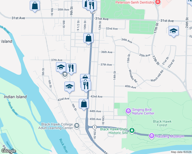 map of restaurants, bars, coffee shops, grocery stores, and more near 3912 12th Street in Rock Island