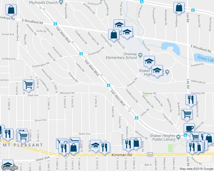 map of restaurants, bars, coffee shops, grocery stores, and more near Van Aken Blvd & Onaway Rd in Shaker Heights