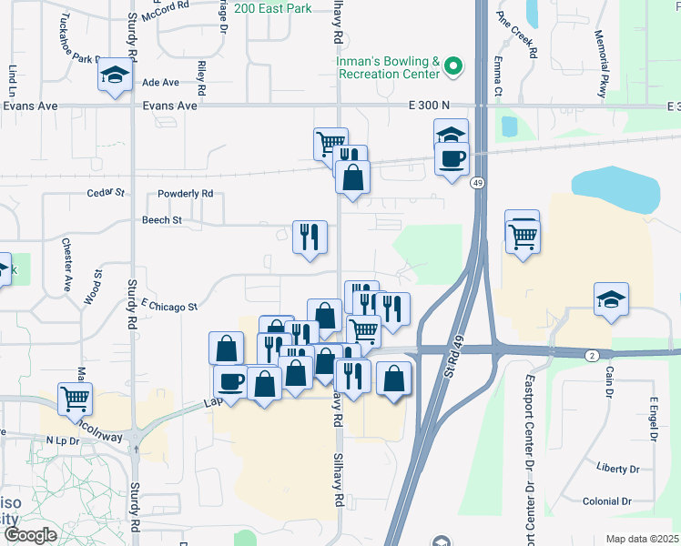 map of restaurants, bars, coffee shops, grocery stores, and more near 300 Silhavy Road in Valparaiso