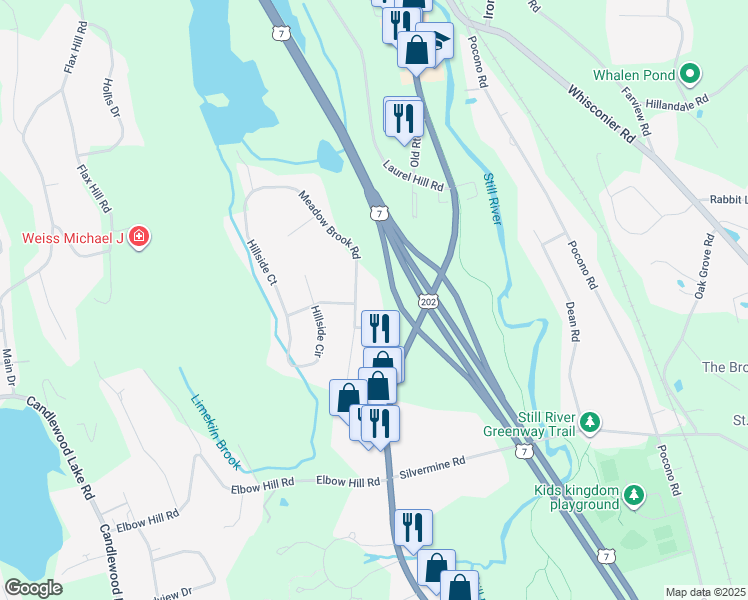 map of restaurants, bars, coffee shops, grocery stores, and more near 20 Orchard Street in Brookfield