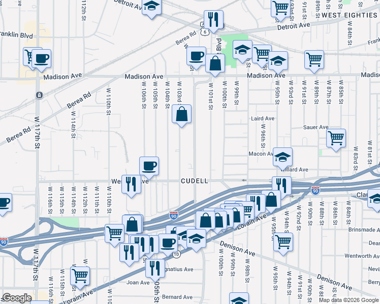 map of restaurants, bars, coffee shops, grocery stores, and more near 2182 West Boulevard in Cleveland