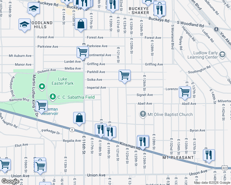 map of restaurants, bars, coffee shops, grocery stores, and more near 3190 East 121st Street in Cleveland
