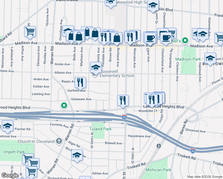 map of restaurants, bars, coffee shops, grocery stores, and more near 2183 Brown Road in Lakewood