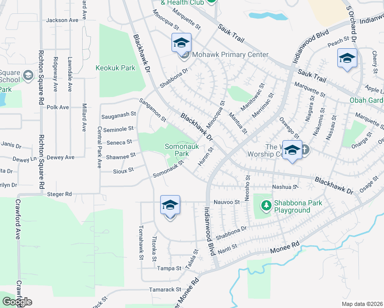 map of restaurants, bars, coffee shops, grocery stores, and more near 247 Somonauk Street in Park Forest