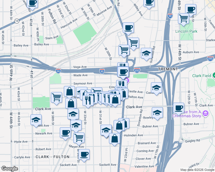 map of restaurants, bars, coffee shops, grocery stores, and more near 3015 Erin Avenue in Cleveland