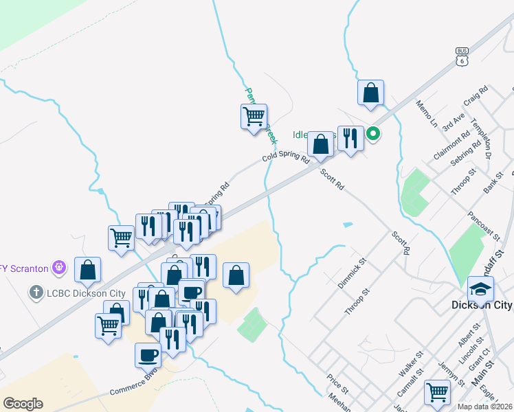 map of restaurants, bars, coffee shops, grocery stores, and more near 1610 Scranton Carbondale Highway in Scranton