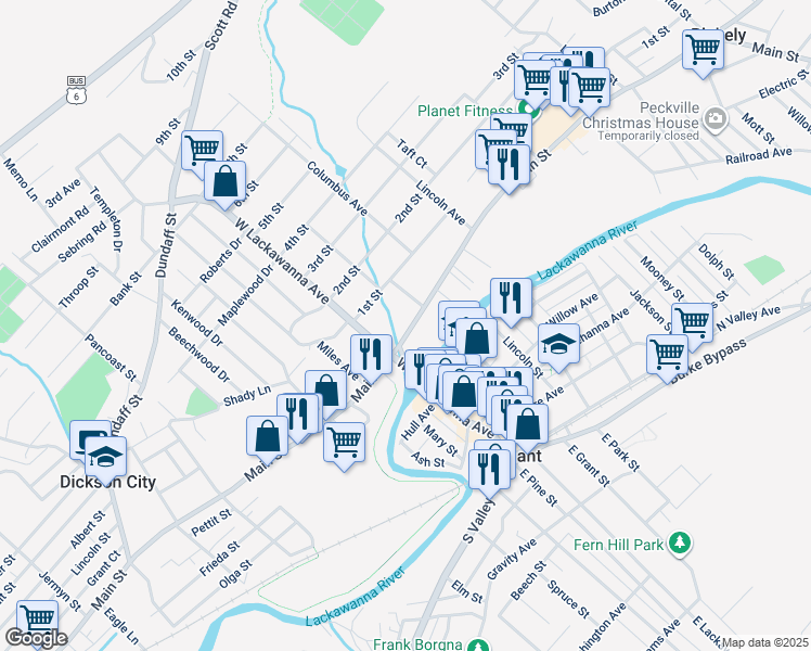 map of restaurants, bars, coffee shops, grocery stores, and more near 119 Main Street in Blakely