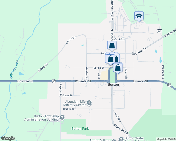 map of restaurants, bars, coffee shops, grocery stores, and more near 14572 Garden Street in Burton