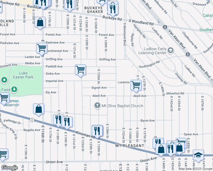map of restaurants, bars, coffee shops, grocery stores, and more near 12610 Signet Avenue in Cleveland