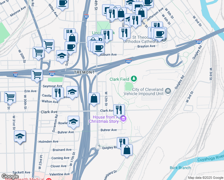 map of restaurants, bars, coffee shops, grocery stores, and more near 2883 West 11th Street in Cleveland