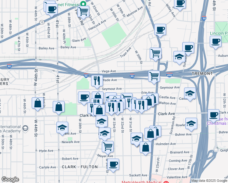 map of restaurants, bars, coffee shops, grocery stores, and more near 3253 Erin Avenue in Cleveland