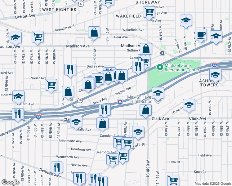 map of restaurants, bars, coffee shops, grocery stores, and more near 7203 Hague Avenue in Cleveland