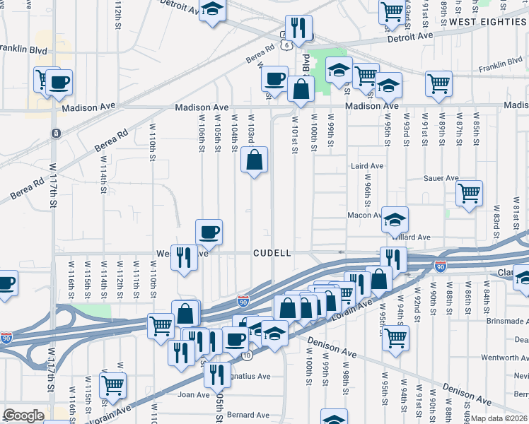map of restaurants, bars, coffee shops, grocery stores, and more near 2182 West Boulevard in Cleveland
