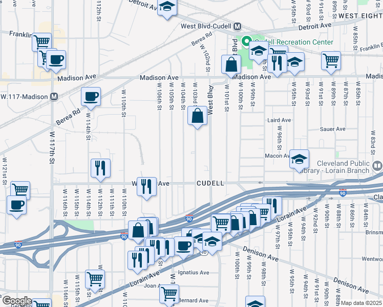 map of restaurants, bars, coffee shops, grocery stores, and more near 2183 West 104th Street in Cleveland