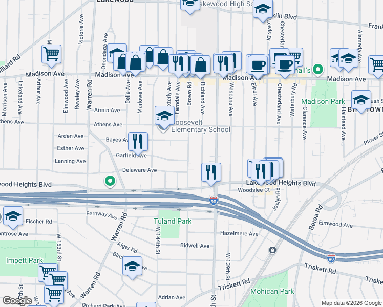 map of restaurants, bars, coffee shops, grocery stores, and more near 2183 Brown Road in Lakewood