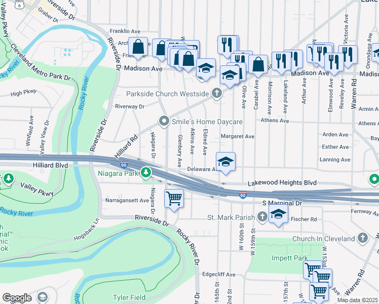 map of restaurants, bars, coffee shops, grocery stores, and more near 2210 Atkins Avenue in Lakewood
