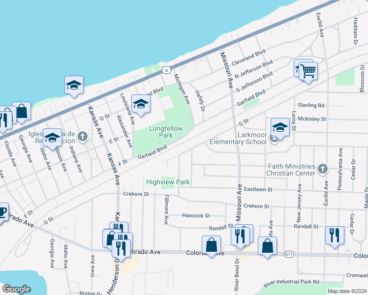 map of restaurants, bars, coffee shops, grocery stores, and more near 1250 Michigan Avenue in Lorain