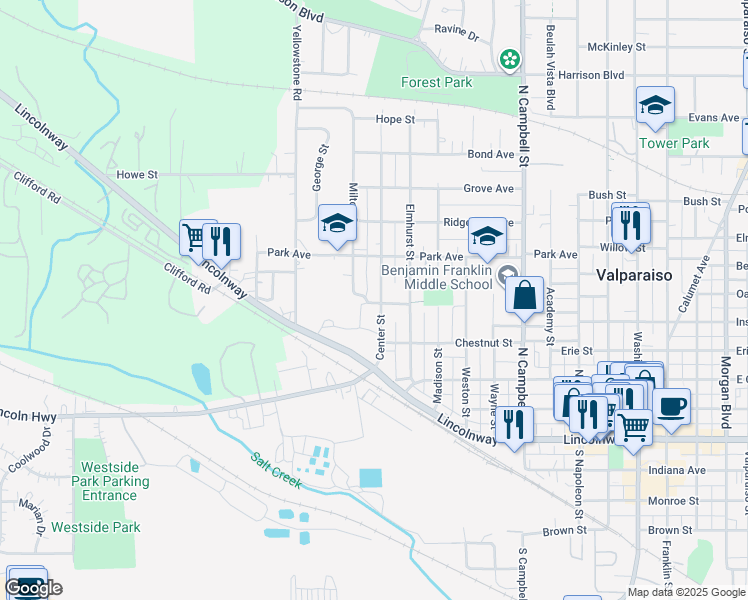 map of restaurants, bars, coffee shops, grocery stores, and more near 306 Center Street in Valparaiso