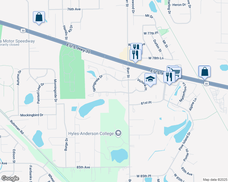 map of restaurants, bars, coffee shops, grocery stores, and more near 1913-1915 Springvale Drive in Crown Point