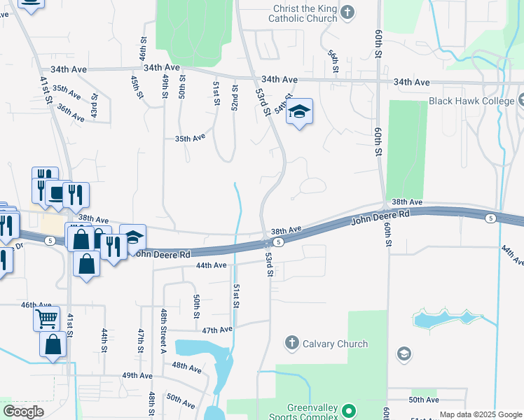 map of restaurants, bars, coffee shops, grocery stores, and more near 3746 53rd Street in Moline