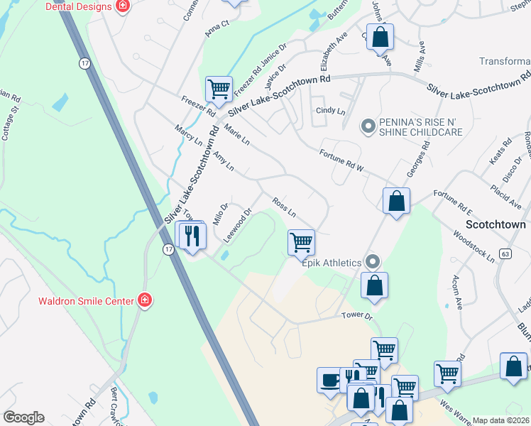 map of restaurants, bars, coffee shops, grocery stores, and more near 60 Leewood Drive in Scotchtown