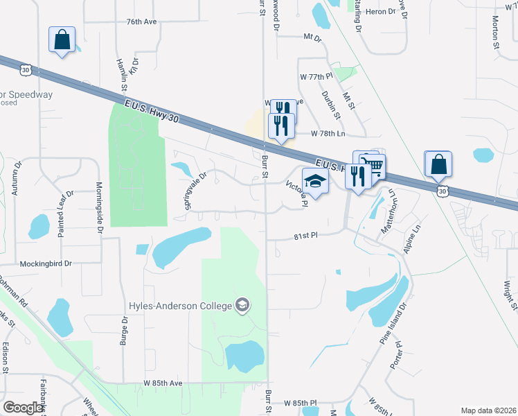 map of restaurants, bars, coffee shops, grocery stores, and more near 1900-1998 Tulip Court in Crown Point