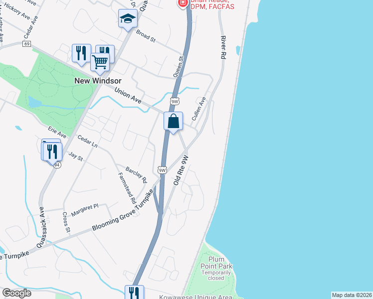 map of restaurants, bars, coffee shops, grocery stores, and more near 5144 Old Route 9W in New Windsor