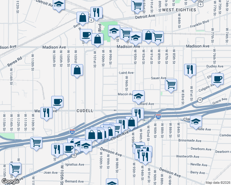 map of restaurants, bars, coffee shops, grocery stores, and more near 9813 Macon Avenue in Cleveland