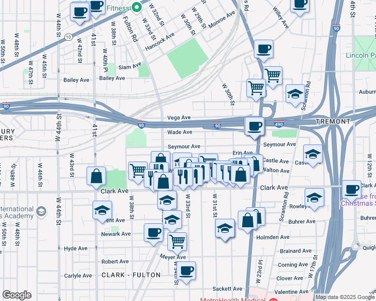 map of restaurants, bars, coffee shops, grocery stores, and more near 3253 Erin Avenue in Cleveland