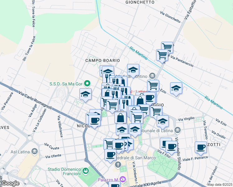 map of restaurants, bars, coffee shops, grocery stores, and more near 51 Via Carturan G. in Latina