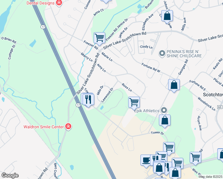 map of restaurants, bars, coffee shops, grocery stores, and more near 60 Leewood Drive in Scotchtown