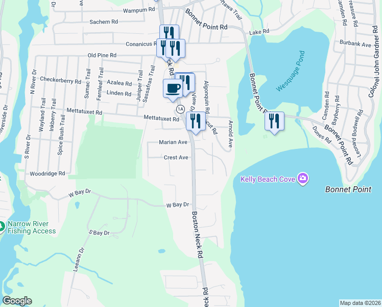 map of restaurants, bars, coffee shops, grocery stores, and more near 8A Crest Avenue in Narragansett