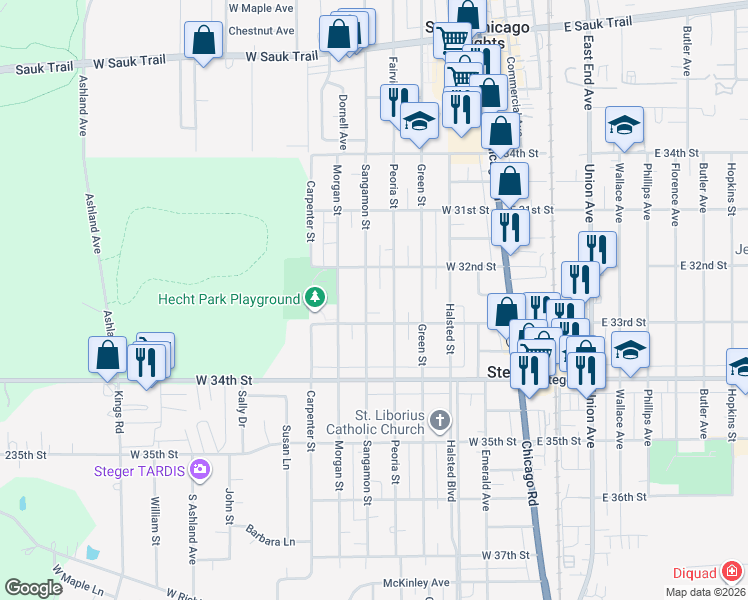 map of restaurants, bars, coffee shops, grocery stores, and more near 3234 Peoria Street in Steger